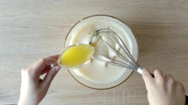 Female Hands Beating Egg Whites Cream Mixer Bowl Wooden Table — Stock Video