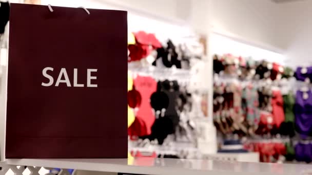 Торговий Пакет Жіночих Купальниках Фону Роздрібному Магазині Концепція Модного Шопінгу — стокове відео