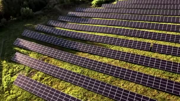 Sluneční Elektrárna Zeleném Poli Slunečného Dne Letecký Pohled Solární Panely — Stock video