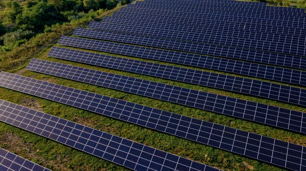 Solarkraftwerk Auf Der Grünen Wiese Einem Sonnigen Tag Luftaufnahme Sonnenkollektoren — Stockfoto