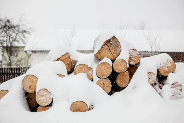 Karların Altında Kesilmiş Ağaçlar Marangozluk Endüstrisi Için Hammadde Açık Havada — Stok fotoğraf