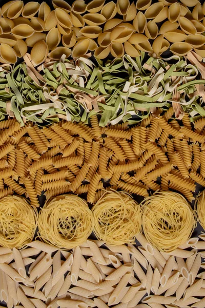 Variedad Tipos Formas Pasta Italiana Seca Macarrones Italianos Fondo Textura — Foto de Stock