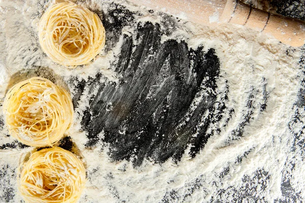 Pasta Cooking Ingredients Black Kitchen Table Top View Space Your — Stock Photo, Image