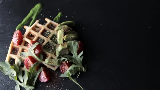 Fresh Baked Belgian Waffles Arugula Tomatoes Avocado Black Plate Savory — Stock Video