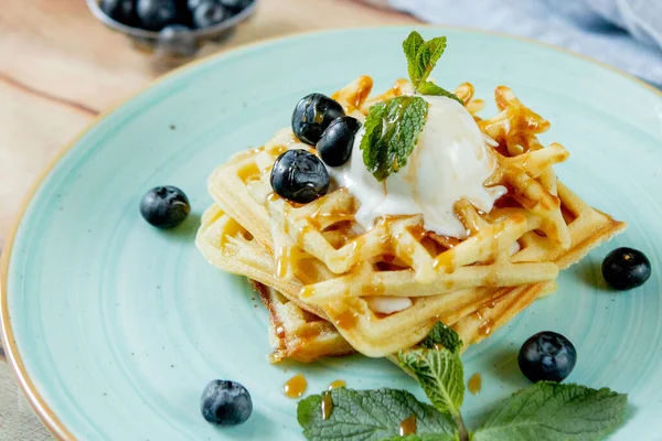 Fresh Baked Homemade Classic Belgian Waffles Topped Icecream Fresh Blueberries — Stock Photo, Image