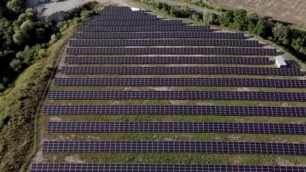 Solar Power Station in Green Field on Sunny day. Aerial view. Solar Panels Stands in a Row in Field for Power Production. Drone fly over Solar Farm. Renewable green energy. Alternative energy sources. — Stock Video