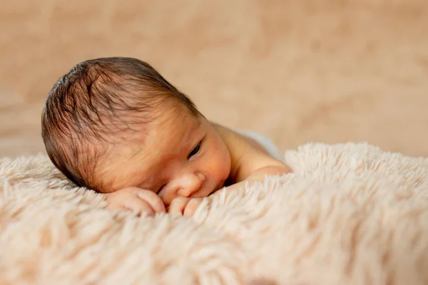 Bayi yang baru lahir tertidur, beristirahat dengan tangan dan sikunya sendiri, dengan latar belakang coklat — Stok Foto