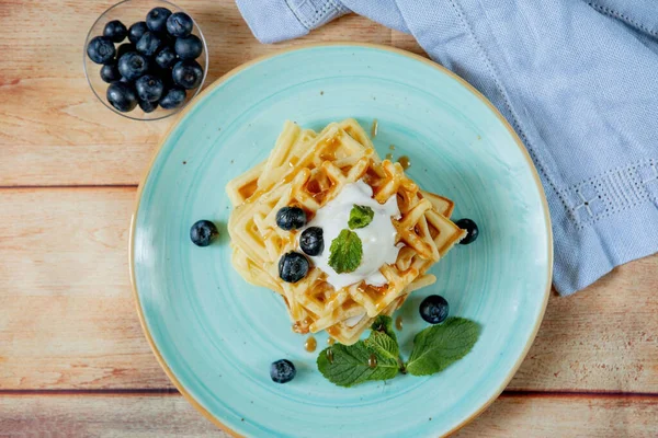 Fresh Baked Homemade Classic Belgian Waffles Topped Icecream Fresh Blueberries — Stock Photo, Image