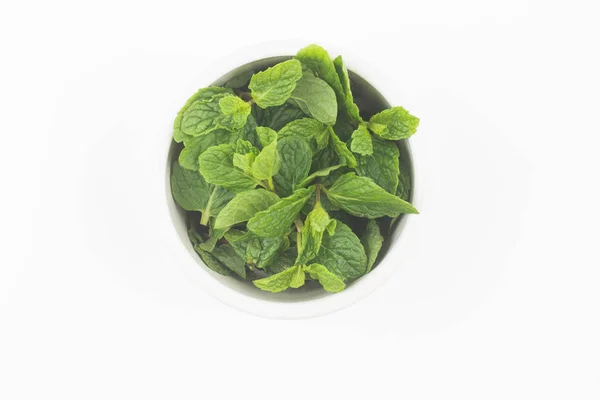 Mint Leaves Bowl Isolated White Background — Stock Photo, Image