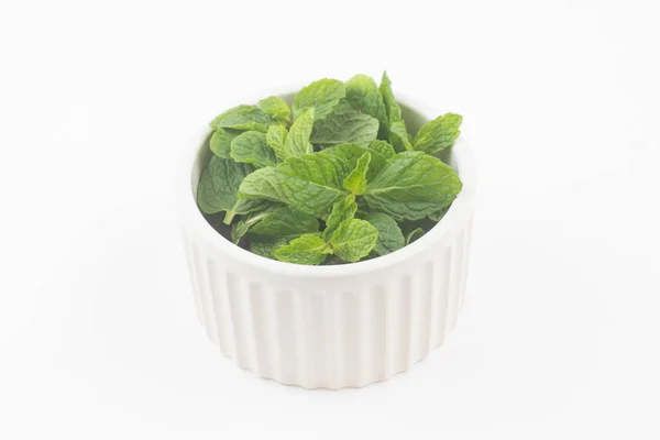 Mint Leaves Bowl Isolated White Background — Stock Photo, Image