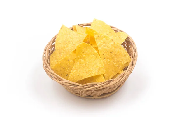 Tortillas Nachos Chips Korg Skål Isolerad Vit — Stockfoto