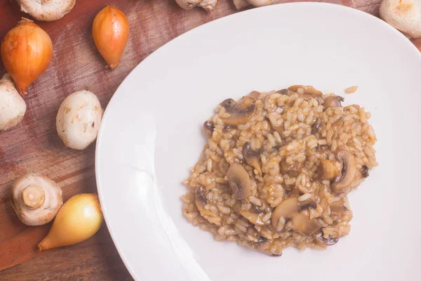 Mushroom Champignon Risotto Wooden Table — Stock Photo, Image