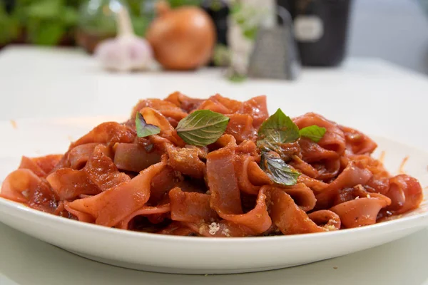 Fettuccine Red Sauce Made Carrot Beet White Table — Stock Photo, Image