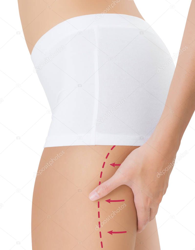 Woman squeezing rear thigh with the drawing red arrows, Lose weight and liposuction cellulite removal concept, Isolated on white background.