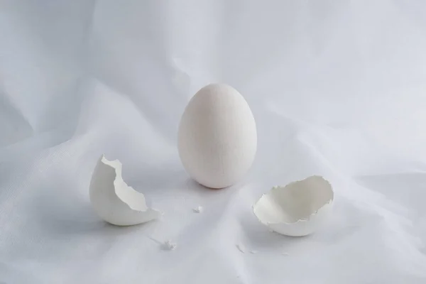 white egg and egg shell on vintage background.