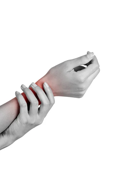 妇女拿着她的手腕疼痛与红色突出显示疼痛区域 白色背景上的黑白隔离色 — 图库照片