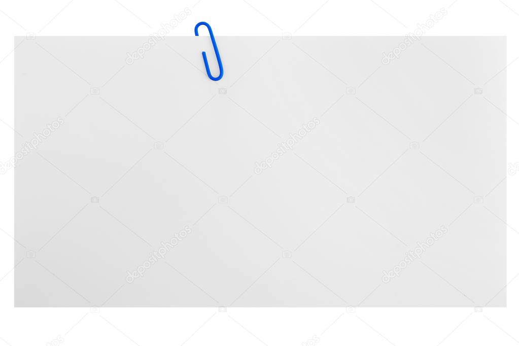 Blank Note with blue paper clip, Isolated on white background.