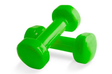 İki yeşil dambıl, beyaz arka plan üzerinde izole.