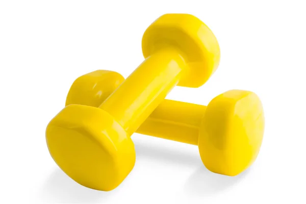 Twee Gele Dumbbells Geïsoleerd Witte Achtergrond — Stockfoto