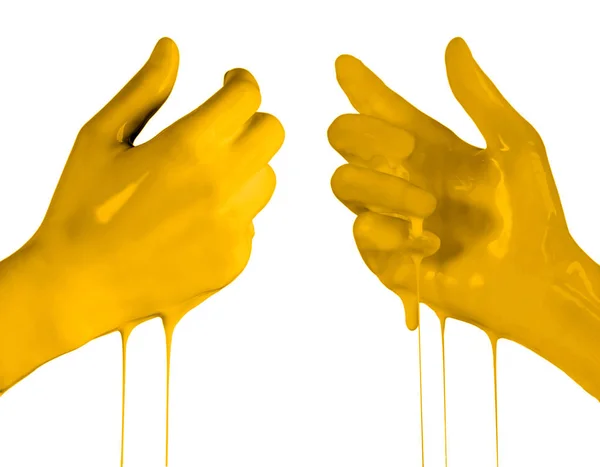 Woman Hands Yellow Color Holding Something Empty Front Back Side — Stock Photo, Image