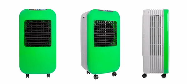 Collection of portable evaporative air cooler, window air cooler with ionizer, isolated on white background.