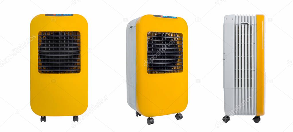 Collection of portable evaporative air cooler, window air cooler with ionizer, isolated on white background.