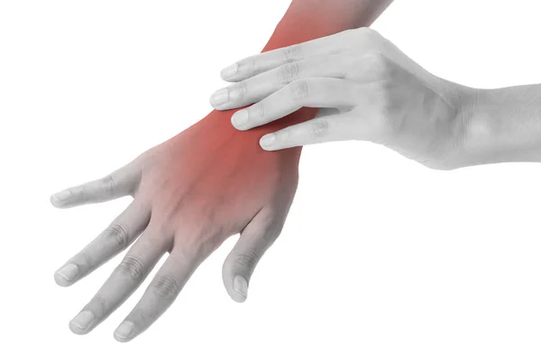 妇女抱着她美丽健康的手腕在背部和按摩在疼痛区域 黑色和白色的红色突出显示 在白色背景隔离 — 图库照片
