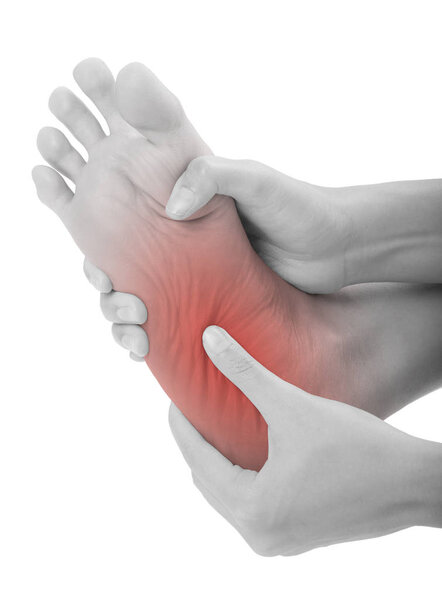 woman hands holding  beautiful healthy foot and massaging in pain area, black and white color with red highlighted, Isolated on white background.