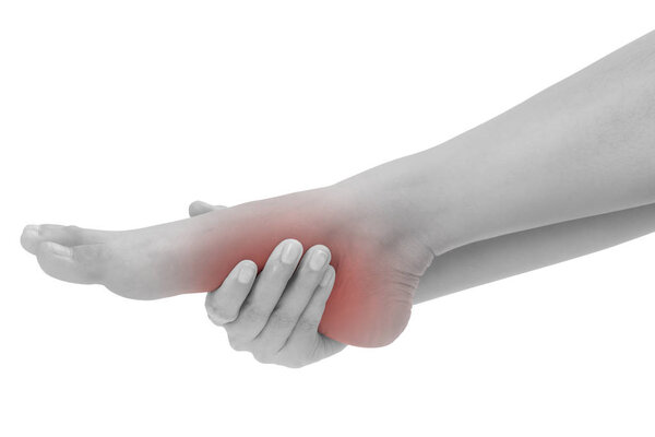 woman hands holding  beautiful healthy foot and massaging in pain area black and white color with red highlighted, Isolated on white background.