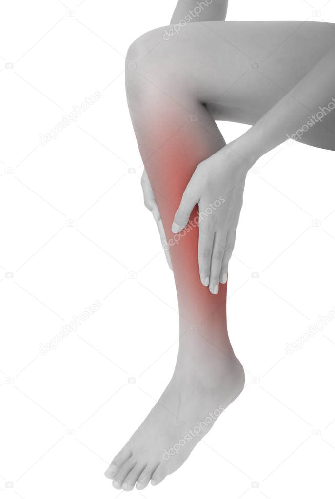 woman holding her beautiful healthy long leg with massaging shin and calf in pain area black and white color with red highlighted, Isolated on white background.