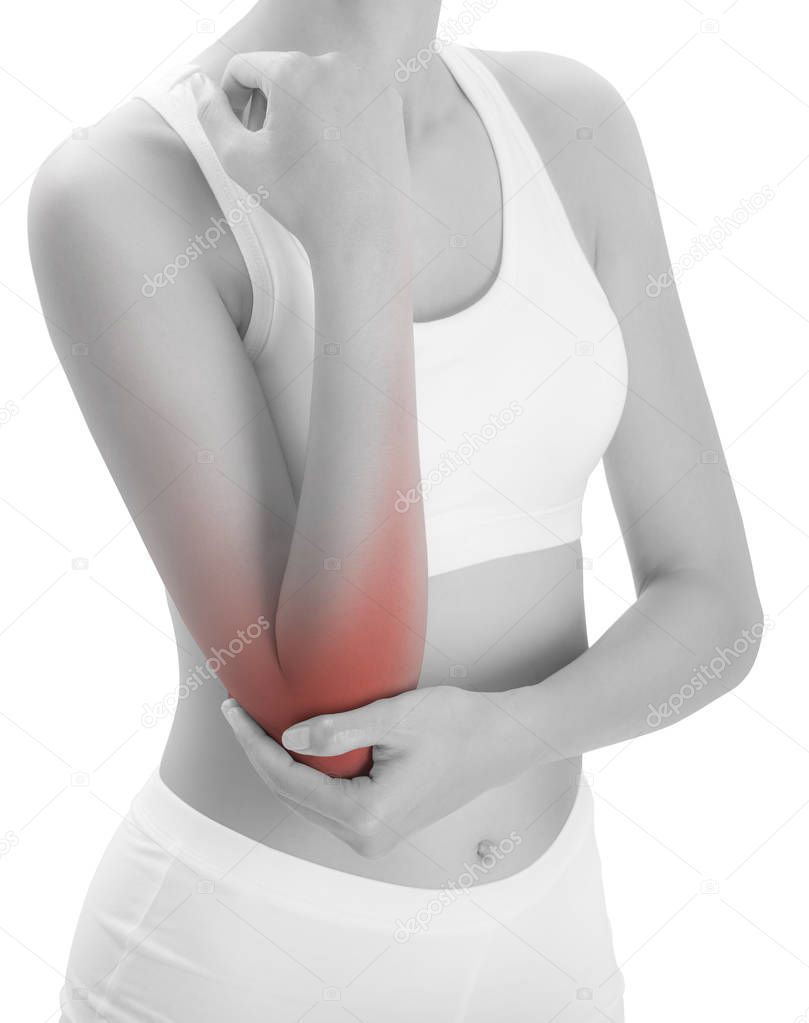 woman posing perfect healthy body shape and massaging her elbow in pain area black and white color with red highlighted, Isolated on white background.
