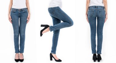 Asyalı kadın kot pantolon ve beyaz arka plan üzerinde izole farklı teşkil etmektedir, beyaz tişört koleksiyonu.