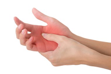 güzel sağlıklı elini tutarak ve ağrı alanda vurgulanır kırmızı ile Masaj, beyaz arka plan üzerinde izole kadın.