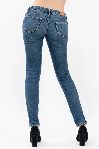 Asiático Las Mujeres Posando Jeans Espalda Vistas Aislado Blanco Fondo — Foto de Stock