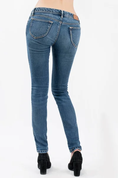 Asiático Las Mujeres Posando Jeans Espalda Vistas Aislado Blanco Fondo — Foto de Stock