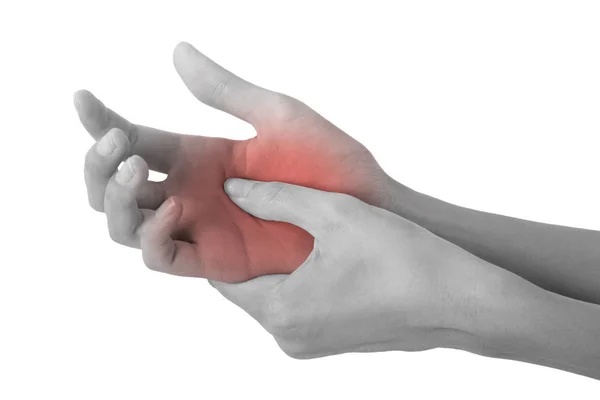 Woman Holding Her Beautiful Healthy Hand Massaging Pain Area Black — Stock Photo, Image