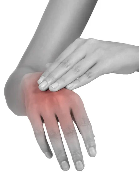 Mulher Segurando Sua Bela Mão Saudável Massageando Área Dor Cor — Fotografia de Stock
