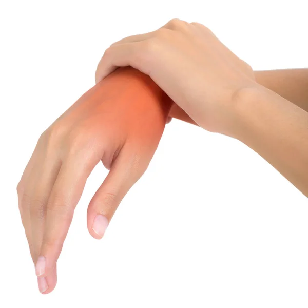 女人抱着她美丽健康的手腕和按摩在疼痛区域与红色突出显示 孤立的白色背景 — 图库照片