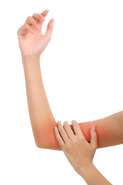 妇女抱着她美丽健康的手臂与按摩在疼痛地区与红色突出显示 在白色背景隔离 — 图库照片
