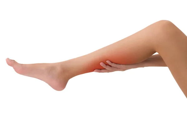 Žena Držící Dlouhou Nohu Krásné Zdraví Masážními Tele Oblasti Bolesti — Stock fotografie