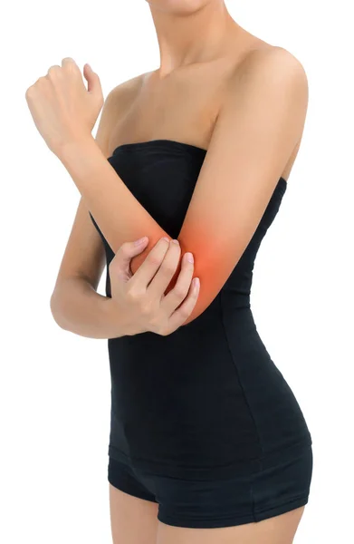 Woman Posing Beautiful Healthy Body Massaging Her Elbow Pain Area — Stock Photo, Image