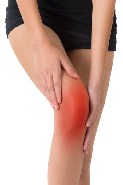 woman holding her beautiful healthy long leg with massaging knee in pain area with red highlighted, Isolated on white background.