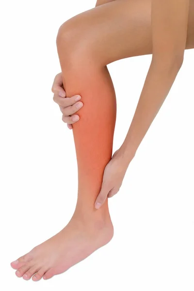 Žena Držící Její Krásné Zdravé Dlouhé Nohy Masážními Kolena Lýtka — Stock fotografie