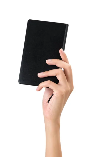 Woman Hand Holding Black Diary Isolated White Background — Stock Photo, Image