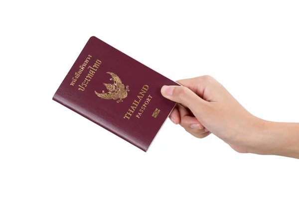 Vrouw Hand Met Thailand Paspoort Geïsoleerd Witte Achtergrond — Stockfoto
