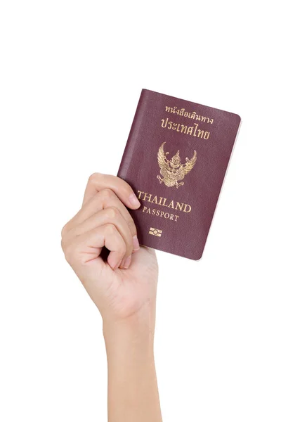 持泰国护照的妇女 与白人背景隔离 — 图库照片