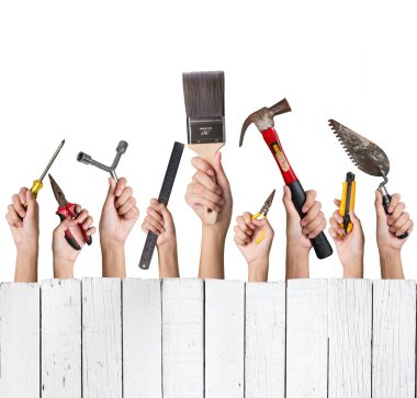 Kadın el DIY araçları tutarak ayarla kolaj, üzerinde beyaz adam izole.