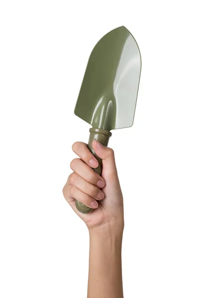 Woman Hand Holding Garden Tools Hand Trowel Top View Isolated — Stock Photo, Image