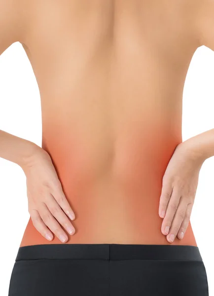 妇女手拿着她的背部和按摩在疼痛区域与红色突出显示 孤立的白色背景 — 图库照片