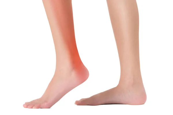 Side view of woman\'s feet in walking pose with red highlighted on ankle and calf in pain area, Isolated on white background.